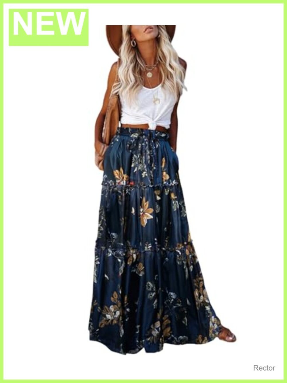 Womens Boho Maxi Skirt High Waist Tie Flowy Long Skirt with Pockets